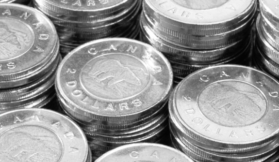 close-up of canadian two dollar coins