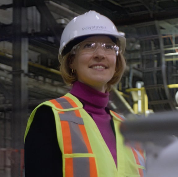 Solenne Brouard-Gaillot of Polystyvert wearing a white hard hat