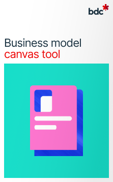 Illustration of a paper document in bright colors with text Business model canvas tool