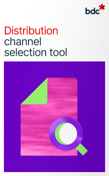 Illustration of a purple document and a magnifying glass with the text Distribution Channel Selection tool