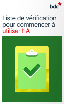 Illustration d'un presse-papiers aux couleurs vives avec le texte Liste de vérification pour commencer à utiliser l'IA