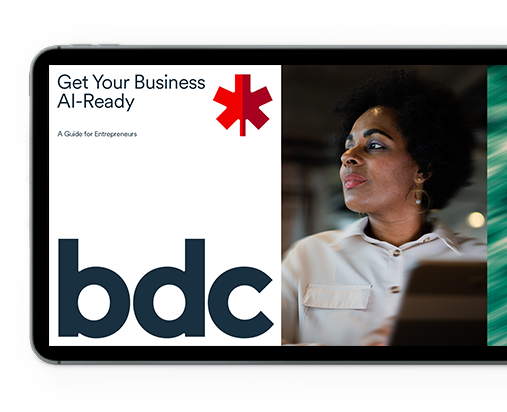 tablet showing the cover of BDC's artificial intelligence ebook