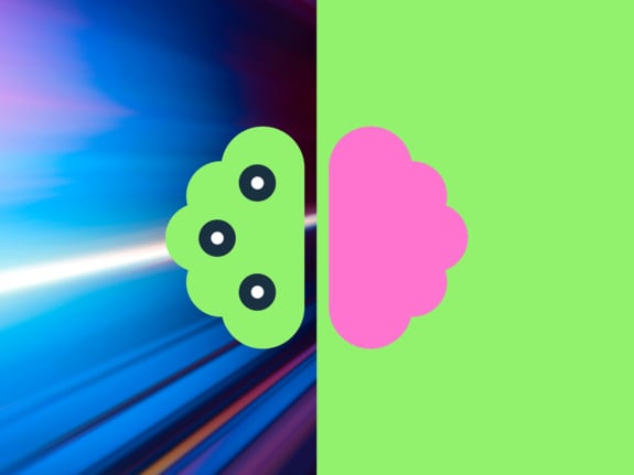 Simplified illustration of a brain, divided vertically into 2 hemispheres: The left hemisphere is green, contains three round white lights and is on a dynamic blue-pink textured background. The right hemisphere is pink, on a green background.