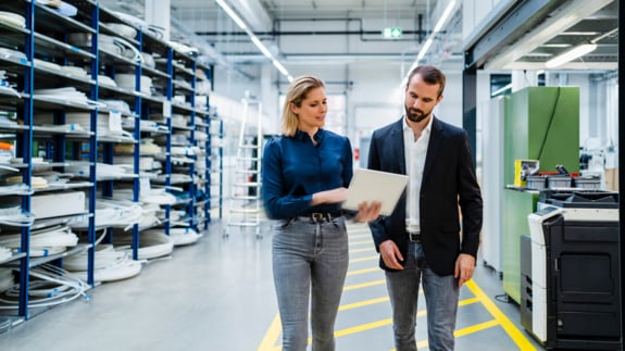 businesswoman discussing sustainable purchase options with employee