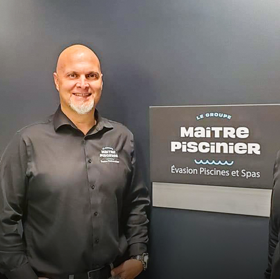 Martin Contant, co-owner of Évasion Piscines et Spas, with two other employees